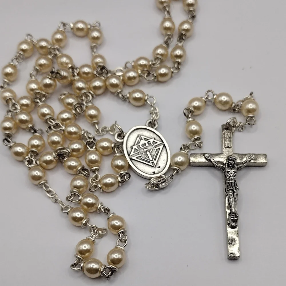 VINTAGE K of C Knights Of Columbus Faux Pearl PRAYER BEADS ROSARY